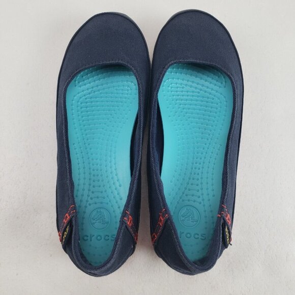 Crocs Skimmer Slip On Shoe Womens 7 Blue Comfort Stretch Sole Canvas Flat - Picture 7 of 10